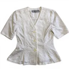 美品　希少　90s　ヴィンテージ　Yves Saint Laurent　イブサンローラン　半袖　ジャケット　ホワイト　総柄　コットン　ペプラム　サイズS