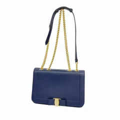 【6dc2933】サルヴァトーレフェラガモ ショルダーバッグ ヴァラ レザー ネイビー ゴールド金具【中古】レディース