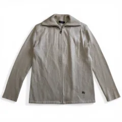 美品　BURBERRY 　BLACK LABEL　バーバリーブラックレーベル　ハイネック　ドライバーズニット　ニット　セーター　ZIP　ロゴ　ノバチェック　サイズ2　羊毛　アクリル　ライトグレー