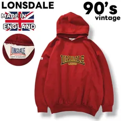 90s ヴィンテージ イングランド製 ロンズデール LONSDALE ロゴ プリント パーカー フーディー トレーナー スウェット ラグランスリーブ 裏起毛 L相当 レッド ストリート メンズのサムネイル