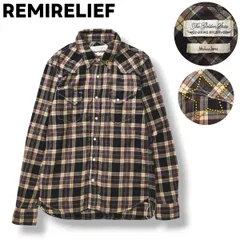 日本製 レミレリーフ REMIRELIEF 長袖 ウエスタン シャツ ダブルポケット ラウンドヘム フラワー スタッズ L チェック柄 ブラウン アメリカン カジュアル シティールック メンズ