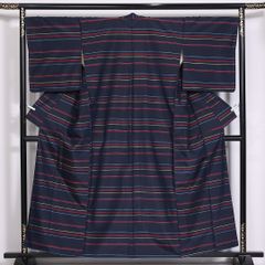 ☆4812☆ 紬 アンサンブル 正絹 袷仕立て 着物 紺色 ボーダー柄 美品 
