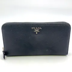 PRADA ロゴ ラウンドファスナー レザー ブラック 長財布 シルバー