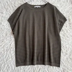 極美品 23区 大きいサイズ46 洗える レーヨンストレッチ半袖ニット プルオーバー カーキ×ブラック ボーダー 近年モデル 春夏