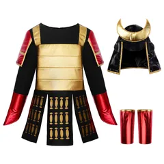 【在庫処分】[ReliBeauty] ハロウィン 武将 甲冑 子供 和風 コスチューム 帽子セット 黒