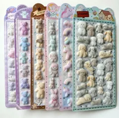 【6種セット】フロッキー 3D 立体シール 動物 クマ ウサギ ユニコーン 犬 ゆめかわ 手帳 デコ コラージュ 素材  ステッカー