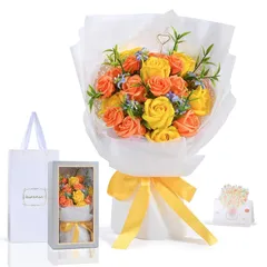 【新品】 Kiranic ソープフラワー 花束 黄色 ギフト 母の日 造花 オレンジブーケ バレンタインデー 誕生日プレゼント 枯れない花 石鹸花 記念日 結婚祝い お見舞い 手上げ袋とメッセージカード付き 0