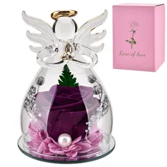【新品】 JOINVALUE プリザーブドフラワー ギフト 天使 ガラスドーム 紫 - 古希祝い 喜寿祝い 女性 枯れない花 ブリザードフラワー 3?5年保存 母の日 誕生日プレゼント 贈り物 メッセージカード付 (パープル) 1