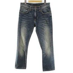 ヌーディージーンズ nudie jeans the naked truth about denim ロング丈 デニムパンツ ジーンズ W30L34 青系 ブルー ジップフライ 加工 革ラベル