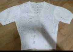白 編み物 半袖 カーディガン