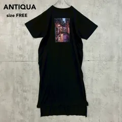 ANTIQUA アンティカ 希少完売品 転写プリント Ｔシャツワンピース ブラック Fサイズ チュニック 綿100% コットン 前後差スリット クルーネック 半袖 ロング丈 体型カバー オーバーサイズ ゆるだぼ モード カジュアル 大人可愛い ★ ■◆