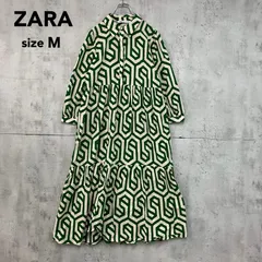 ZARA ザラ 幾何学模様 総柄 ロングワンピース シャツワンピース マキシ丈 ティアード 長袖 襟付き フロントボタン 前開き 羽織り Aライン フレア グリーン ベージュ 緑 モロッコ製 カジュアル モード 派手 個性的 Mサイズ ★ ■◇