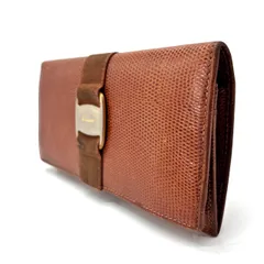 【良品】ferragamo フェラガモ 長財布 ロングウォレット リザード レザー 革 ブラウン 茶色 ヴァラリボン ユニセックス 男女兼用 メンズ レディースのサムネイル