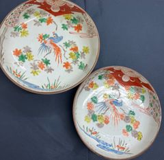 アンティーク】古伊万里明治期 色絵 鳳凰山水文 三つ組鉢 3点セット 盛