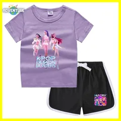 KPOPガールズ! デーモン・ハンターズ半袖Tシャツ短パン上下セットアップ 紫パープル黒ブラック白ピンク トップス 夏パジャマ90 100 110 120 130 140 150子供服キッズ服ゆめかわ女の子 demon hunters 韓国 FR kpt60
