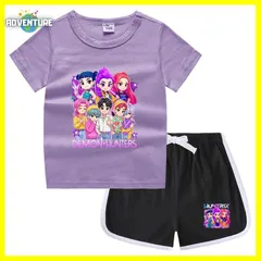 KPOPガールズ! デーモン・ハンターズ半袖Tシャツ短パン上下セットアップ 紫パープル黒ブラック白ピンク トップス 夏パジャマ90 100 110 120 130 140 150子供服キッズ服ゆめかわ女の子 demon hunters 韓国 FR kpt51