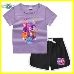 KPOPガールズ! デーモン・ハンターズ半袖Tシャツ短パン上下セットアップ 紫パープル黒ブラック白ピンク トップス 夏パジャマ90 100 110 120 130 140 150子供服キッズ服ゆめかわ女の子 demon hunters 韓国 FR kpt47