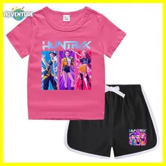 KPOPガールズ! デーモン・ハンターズ半袖Tシャツ短パン上下セットアップ 紫パープル黒ブラック白ピンク トップス 夏パジャマ90 100 110 120 130 140 150子供服キッズ服ゆめかわ女の子 demon hunters 韓国 FR kpt56