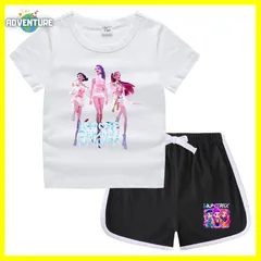 KPOPガールズ! デーモン・ハンターズ半袖Tシャツ短パン上下セットアップ 紫パープル黒ブラック白ピンク トップス 夏パジャマ90 100 110 120 130 140 150子供服キッズ服ゆめかわ女の子 demon hunters 韓国 FR kpt61