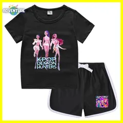 KPOPガールズ! デーモン・ハンターズ半袖Tシャツ短パン上下セットアップ 紫パープル黒ブラック白ピンク トップス 夏パジャマ90 100 110 120 130 140 150子供服キッズ服ゆめかわ女の子 demon hunters 韓国 FR kpt62