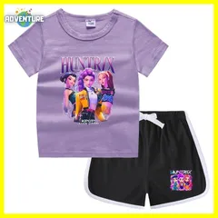 KPOPガールズ! デーモン・ハンターズ半袖Tシャツ短パン上下セットアップ 紫パープル黒ブラック白ピンク トップス 夏パジャマ90 100 110 120 130 140 150子供服キッズ服ゆめかわ女の子 demon hunters 韓国 FR kpt64