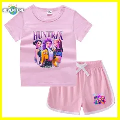 KPOPガールズ! デーモン・ハンターズ半袖Tシャツ短パン上下セットアップ 紫パープル黒ブラック白ピンク トップス 夏パジャマ90 100 110 120 130 140 150子供服キッズ服ゆめかわ女の子 demon hunters 韓国 FR kpt65