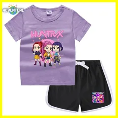 KPOPガールズ! デーモン・ハンターズ半袖Tシャツ短パン上下セットアップ 紫パープル黒ブラック白ピンク トップス 夏パジャマ90 100 110 120 130 140 150子供服キッズ服ゆめかわ女の子 demon hunters 韓国 FR kpt66