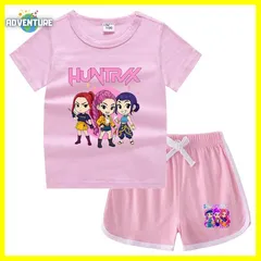 KPOPガールズ! デーモン・ハンターズ半袖Tシャツ短パン上下セットアップ 紫パープル黒ブラック白ピンク トップス 夏パジャマ90 100 110 120 130 140 150子供服キッズ服ゆめかわ女の子 demon hunters 韓国 FR kpt67