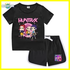 KPOPガールズ! デーモン・ハンターズ半袖Tシャツ短パン上下セットアップ 紫パープル黒ブラック白ピンク トップス 夏パジャマ90 100 110 120 130 140 150子供服キッズ服ゆめかわ女の子 demon hunters 韓国 FR kpt68