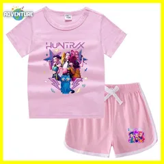 KPOPガールズ! デーモン・ハンターズ半袖Tシャツ短パン上下セットアップ 紫パープル黒ブラック白ピンク トップス 夏パジャマ90 100 110 120 130 140 150子供服キッズ服ゆめかわ女の子 demon hunters 韓国 FR kpt69