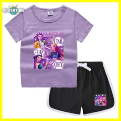 KPOPガールズ! デーモン・ハンターズ半袖Tシャツ短パン上下セットアップ 紫パープル黒ブラック白ピンク トップス 夏パジャマ90 100 110 120 130 140 150子供服キッズ服ゆめかわ女の子 demon hunters 韓国 FR kpt38