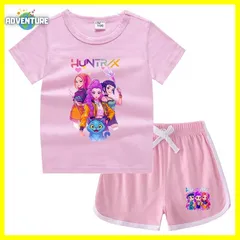 KPOPガールズ! デーモン・ハンターズ半袖Tシャツ短パン上下セットアップ 紫パープル黒ブラック白ピンク トップス 夏パジャマ90 100 110 120 130 140 150子供服キッズ服ゆめかわ女の子 demon hunters 韓国 FR kpt45
