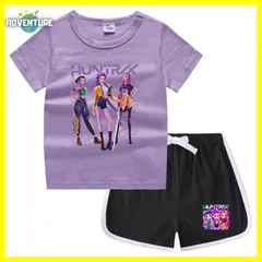 KPOPガールズ! デーモン・ハンターズ半袖Tシャツ短パン上下セットアップ 紫パープル黒ブラック白ピンク トップス 夏パジャマ90 100 110 120 130 140 150子供服キッズ服ゆめかわ女の子 demon hunters 韓国 FR kpt44