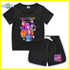 KPOPガールズ! デーモン・ハンターズ半袖Tシャツ短パン上下セットアップ 紫パープル黒ブラック白ピンク トップス 夏パジャマ90 100 110 120 130 140 150子供服キッズ服ゆめかわ女の子 demon hunters 韓国 FR kpt46