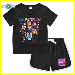 KPOPガールズ! デーモン・ハンターズ半袖Tシャツ短パン上下セットアップ 紫パープル黒ブラック白ピンク トップス 夏パジャマ90 100 110 120 130 140 150子供服キッズ服ゆめかわ女の子 demon hunters 韓国 FR kpt41