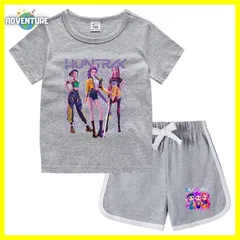 KPOPガールズ! デーモン・ハンターズ半袖Tシャツ短パン上下セットアップ 紫パープル黒ブラック白ピンク トップス 夏パジャマ90 100 110 120 130 140 150子供服キッズ服ゆめかわ女の子 demon hunters 韓国 FR kpt43