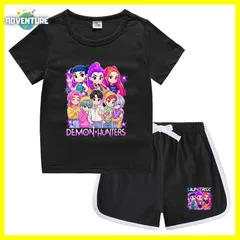 KPOPガールズ! デーモン・ハンターズ半袖Tシャツ短パン上下セットアップ 紫パープル黒ブラック白ピンク トップス 夏パジャマ90 100 110 120 130 140 150子供服キッズ服ゆめかわ女の子 demon hunters 韓国 FR kpt53