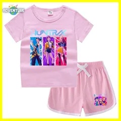 KPOPガールズ! デーモン・ハンターズ半袖Tシャツ短パン上下セットアップ 紫パープル黒ブラック白ピンク トップス 夏パジャマ90 100 110 120 130 140 150子供服キッズ服ゆめかわ女の子 demon hunters 韓国 FR kpt54
