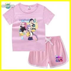 KPOPガールズ! デーモン・ハンターズ半袖Tシャツ短パン上下セットアップ 紫パープル黒ブラック白ピンク トップス 夏パジャマ90 100 110 120 130 140 150子供服キッズ服ゆめかわ女の子 demon hunters 韓国 FR kpt58