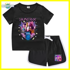 KPOPガールズ! デーモン・ハンターズ半袖Tシャツ短パン上下セットアップ 紫パープル黒ブラック白ピンク トップス 夏パジャマ90 100 110 120 130 140 150子供服キッズ服ゆめかわ女の子 demon hunters 韓国 FR kpt70