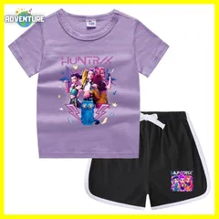 KPOPガールズ! デーモン・ハンターズ半袖Tシャツ短パン上下セットアップ 紫パープル黒ブラック白ピンク トップス 夏パジャマ90 100 110 120 130 140 150子供服キッズ服ゆめかわ女の子 demon hunters 韓国 FR kpt71