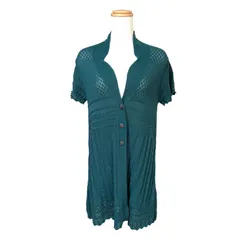 axes femme カーディガン M グリーン 緑 透かし編み レース ニット 半袖 フロントボタン ロング丈 レディース 春夏 羽織り Knit Cardigan Lace Green