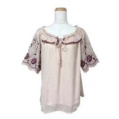 axes femme ブラウス F ピンクベージュ 花刺繍 レース 半袖 フリル リボン ガーリー フェミニン ゆったり トップス Blouse Embroidery Lace
