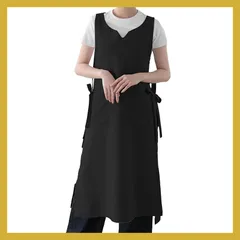 [KYOWARABE] エプロン レディース サイドリボン 長さ調節可 ポケット付き (ブラック) 0