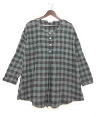 【229622】Samansa Mos2 サマンサ モスモス  長袖シャツワンピース　チュニック　リネン・コットン混　チェック柄　スリット入り　M  ・ ブルーグリーン系