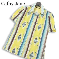 Cathy Jane キャシージェーン 春夏★ 半袖 インド綿 総柄 ネイティブ柄 ストライプ シャツ Sz.3 メンズのサムネイル