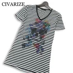 CIVARIZE シヴァーライズ 春夏★ 半袖 プリント スカル ボーダー Vネック Tシャツ カットソー Sz.46 メンズ 日本製のサムネイル