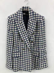 ZARA ザラ テーラードジャケット USA M ブルー コットン ツイード チェック柄 ミドル丈 フードなし ダブル
