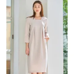 DRESS PLUS フォーマル ワンピース 結婚式 オケージョン ベージュ M ミディ丈 ストレート シンプル 七分袖 タックネック レディース パーティードレス 上品 きれいめ 二次会 お呼ばれ セレモニー 入学式 卒業式 通勤 人気  春秋 高見え 清楚