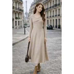 新品 SAISON DE PAPILLON 長袖 ニットワンピース ベージュ L アシンメトリーネック ミディ丈 フレア リブ編み 袖スリット ボタン レディース ロングワンピース 上品 きれいめ フェミニン 秋冬 人気 美品良  着痩せ  暖かい 脚長 通勤